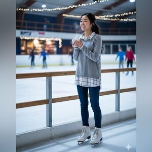 Adrianna Papell Womens Gray Knit Sweater Layered Plaid Shirt Collar Size L